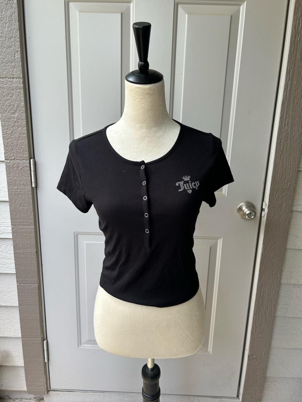 Juicy Couture Black Short-Sleeve Henley Tee with Rhinestone Logo